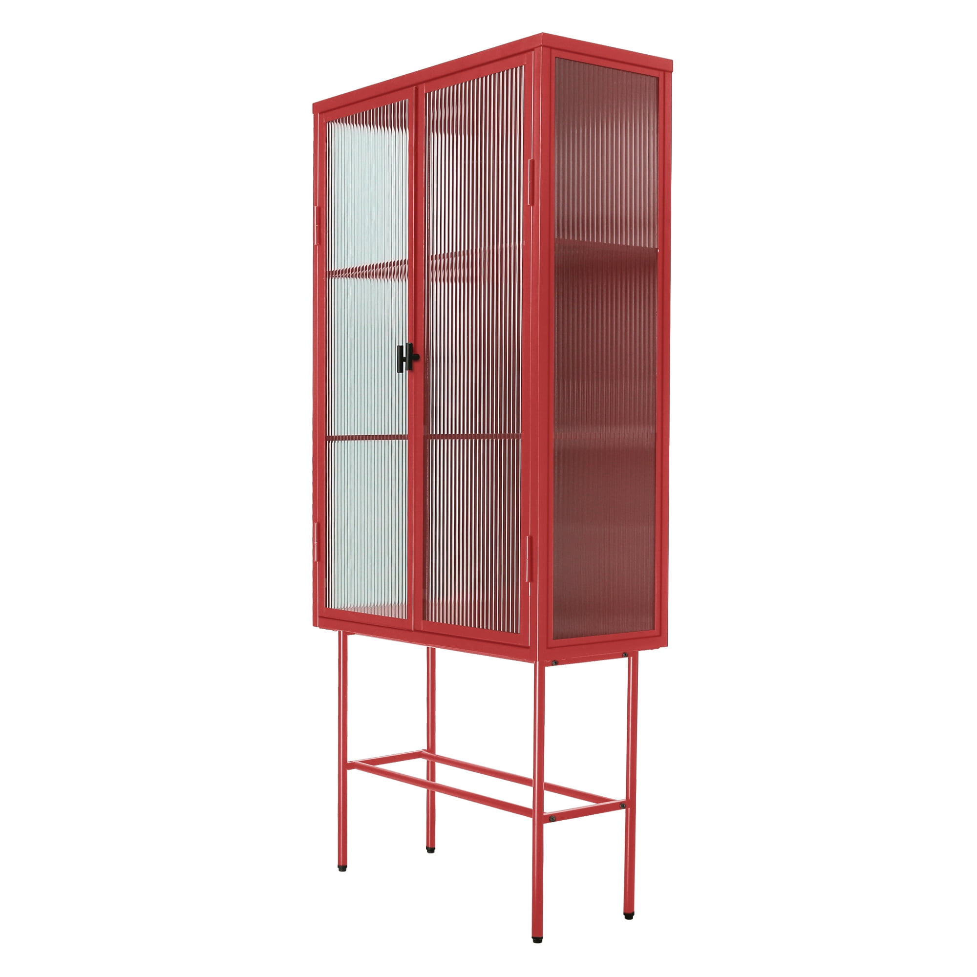 Retro Style Red Tall Freestanding Display Cupboard Stylish Fluted Glass