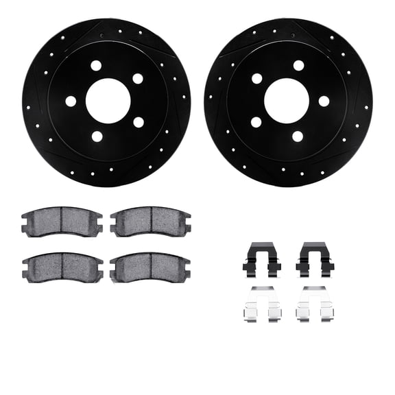 Dynamic Friction Company Rear Brake Rotors-Drilled and Slotted-Black with 5000 Euro Ceramic Brake Pads includes Hardware 8612-52001