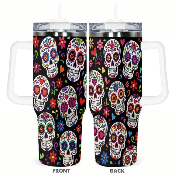 40oz Sugar Skull Floral Travel Tumbler Colorful Day of the Dead Car Cup Insulated Coffee Cup Gift for Women and Friends
