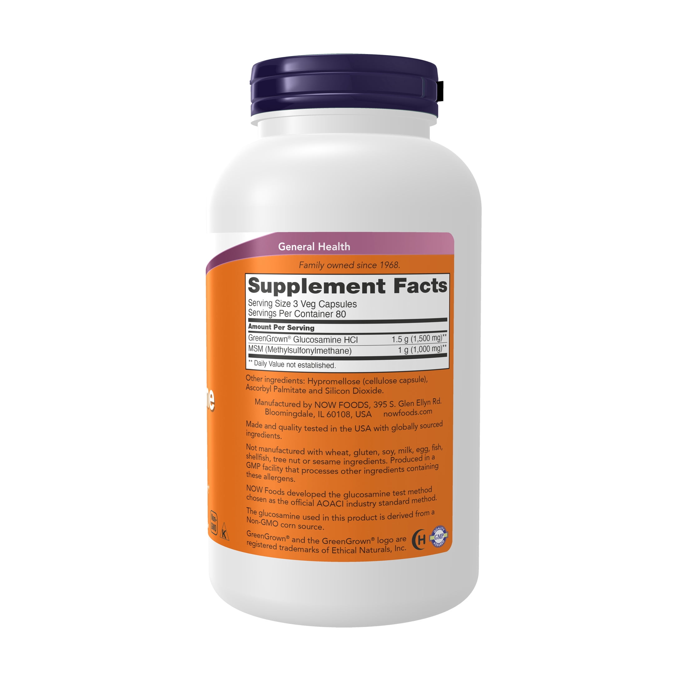 NOW Supplements, Glucosamine & MSM (GreenGrown® Glucosamine), Vegetarian, 240 Veg Capsules