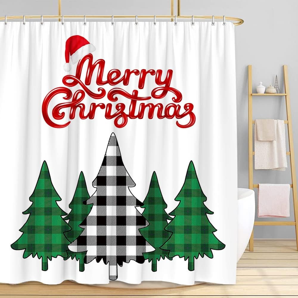 JOOCAR Christmas Tree Shower Curtain Retro Black and White Buffalo Check Plaid Red Xmas Hat Gift