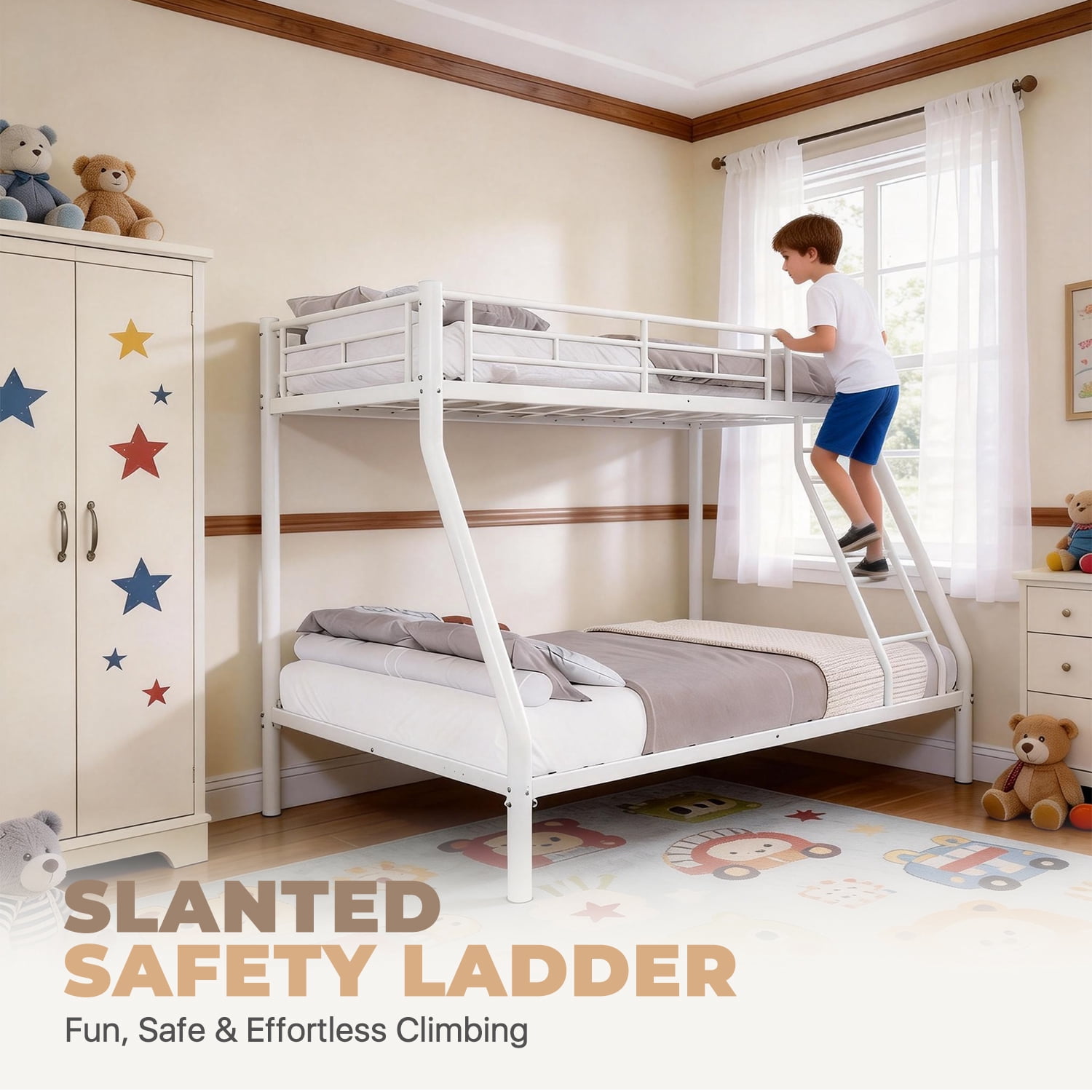BaPiPro Metal Bunk Bed Twin Over Full Size with Removable Stairs, Heavy Duty Metal Frame for Teens & Adults, No Box Spring Needed, White