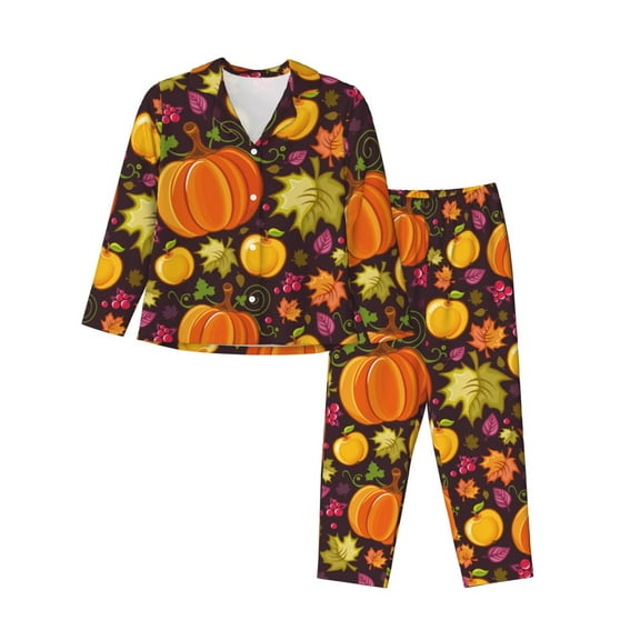 Vsdgher Autumn Harvest Pumpkin Joy Pajamas Set Long Sleeve Sleepwear Womens Button Down Nightwear Pj Sets-Small