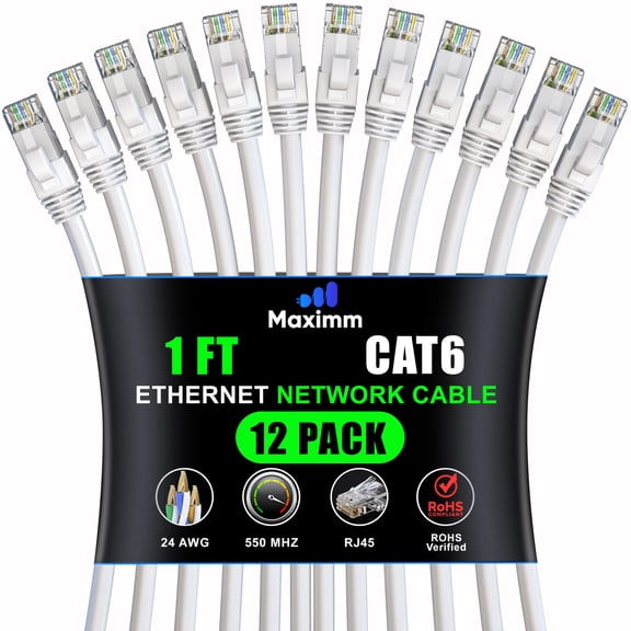 Maximm Cat 6 Ethernet Cable 1 ft (12-Pack) - High-Speed LAN Cable, Internet Cable, Patch Cable, and Network Cable - UTP, 10Gbps, 550MHz Ethernet Cord - White