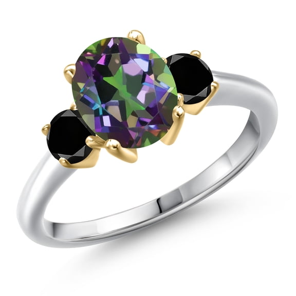 Gem Stone King 10K Two Tone Gold Green Mystic Topaz and Black Diamond Engagement Ring for Women | 2.84 Cttw | Oval 9X7MM | Gemstone November Birthstone | Size 5