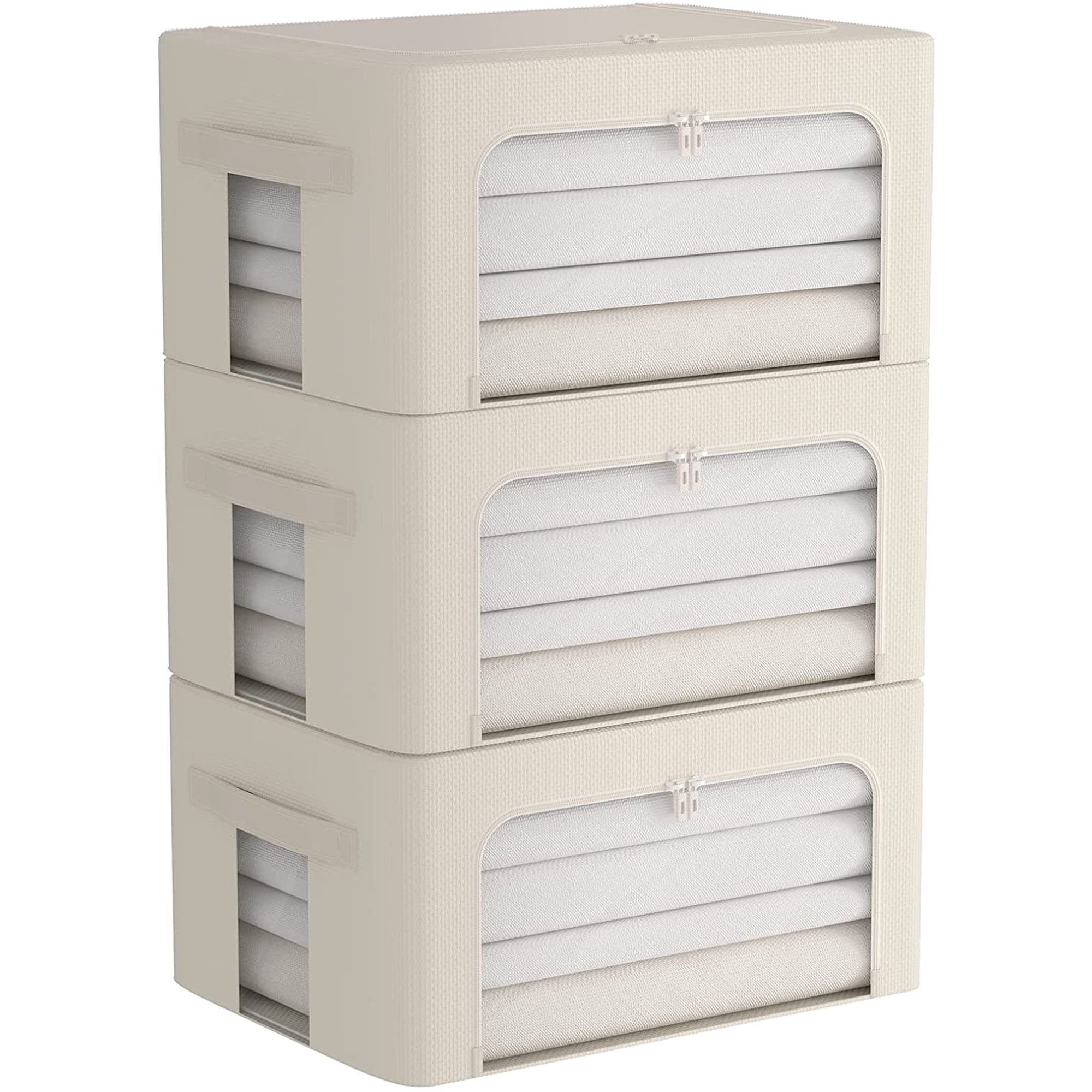 3 Pack Foldable Stackable Clothes Storage Bin with Clear Window and Carry Handles Beige Medium 44 L