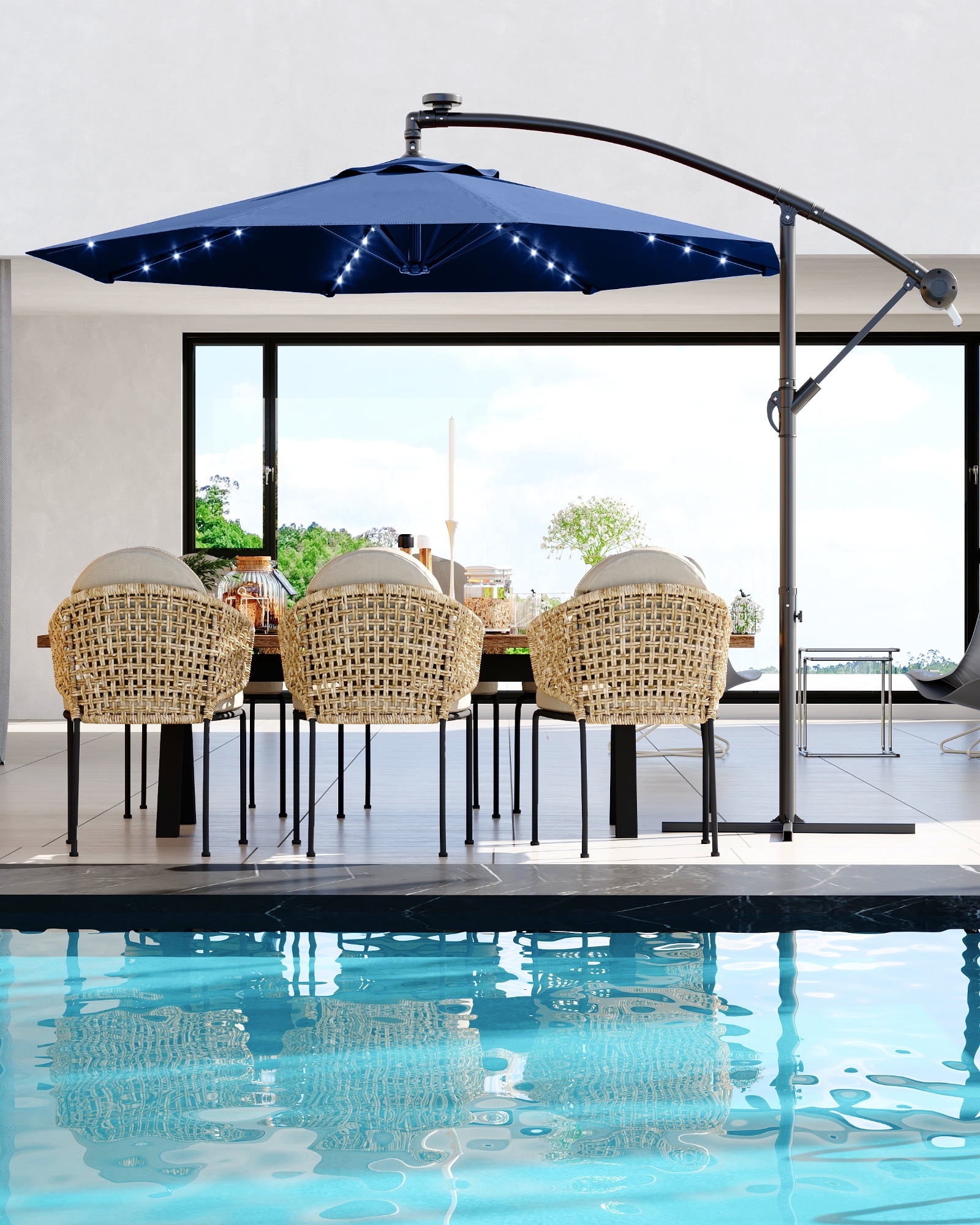 10ft Solar LED Offset Hanging Market Patio Umbrella for Backyard, Poolside, Lawn and Garden w/Easy Tilt Adjustment, UV Protection, Sturdy 8 Ribs - with 32 LED Lights