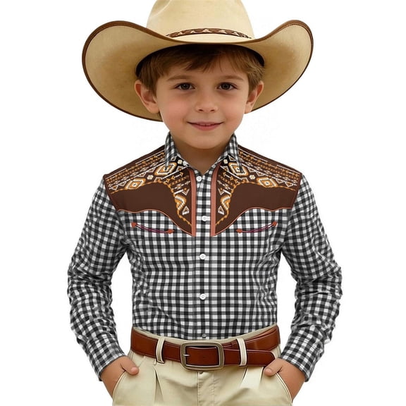 Kiijoy Toddler Boys Cowboy Western Shirt Casual Plaid Long Sleeve Button Down Shirt, Black, 3-4 Years