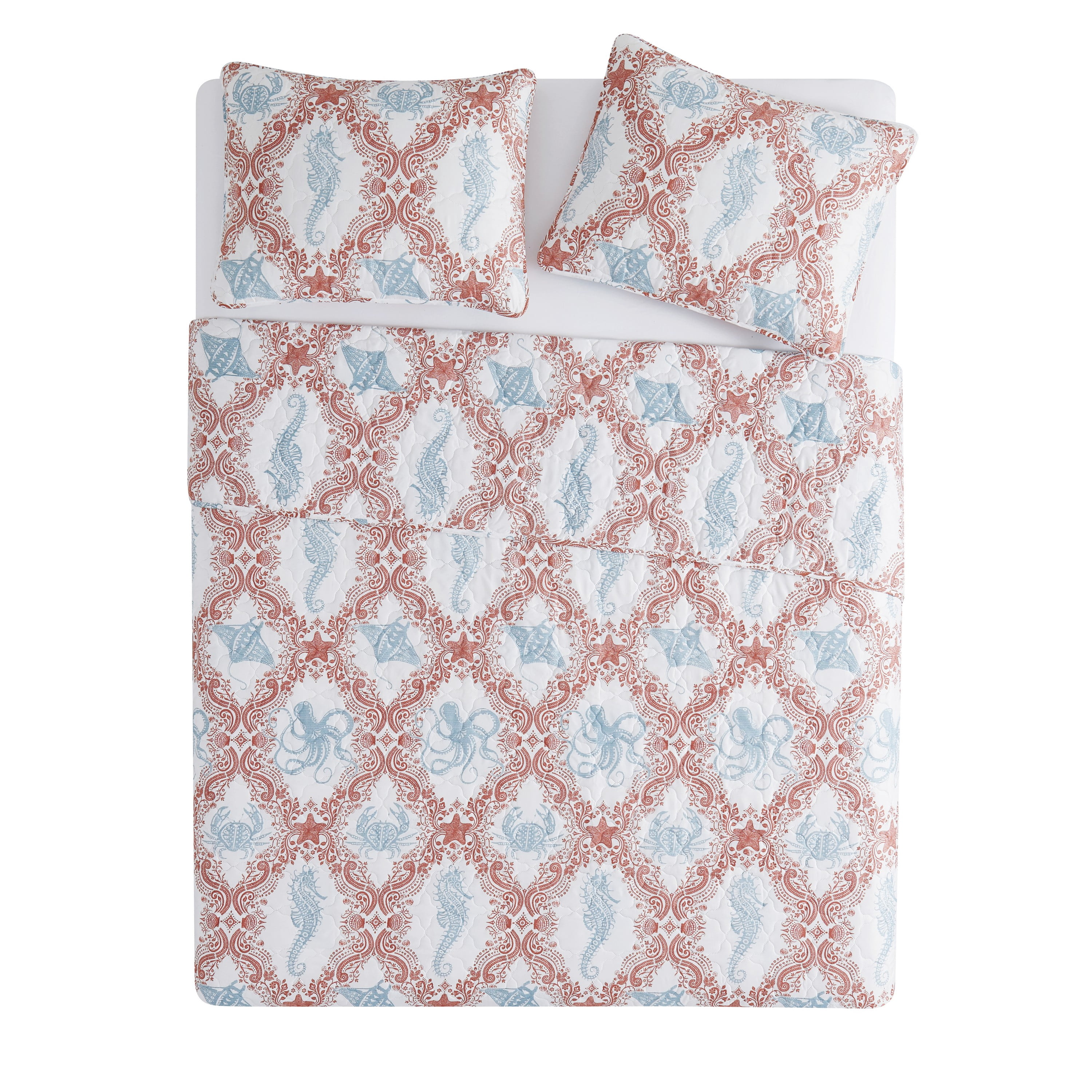 VCNY Home Coastal 3-Piece Coral/Seafoam Green Sealife Quilt Set, Full/Queen, Adult, Unisex