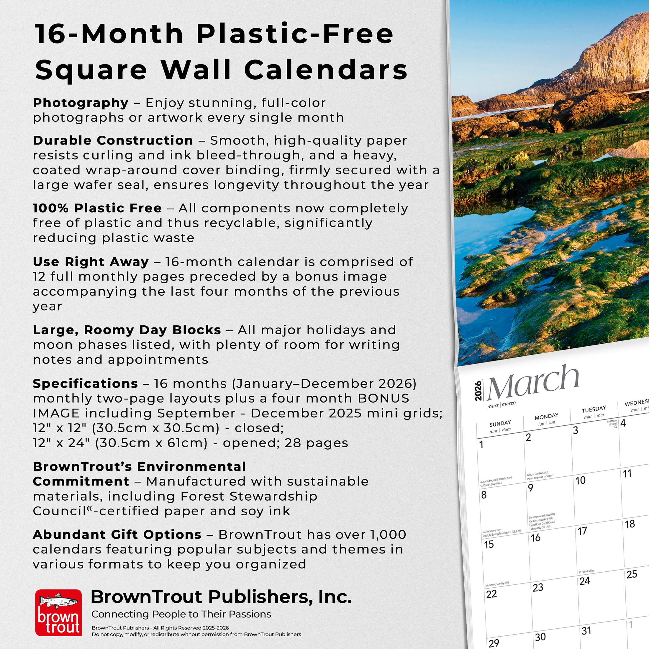 Oregon Coast | 2026 12x24" (Hanging) Wall Calendar | Plastic-Free | BrownTrout