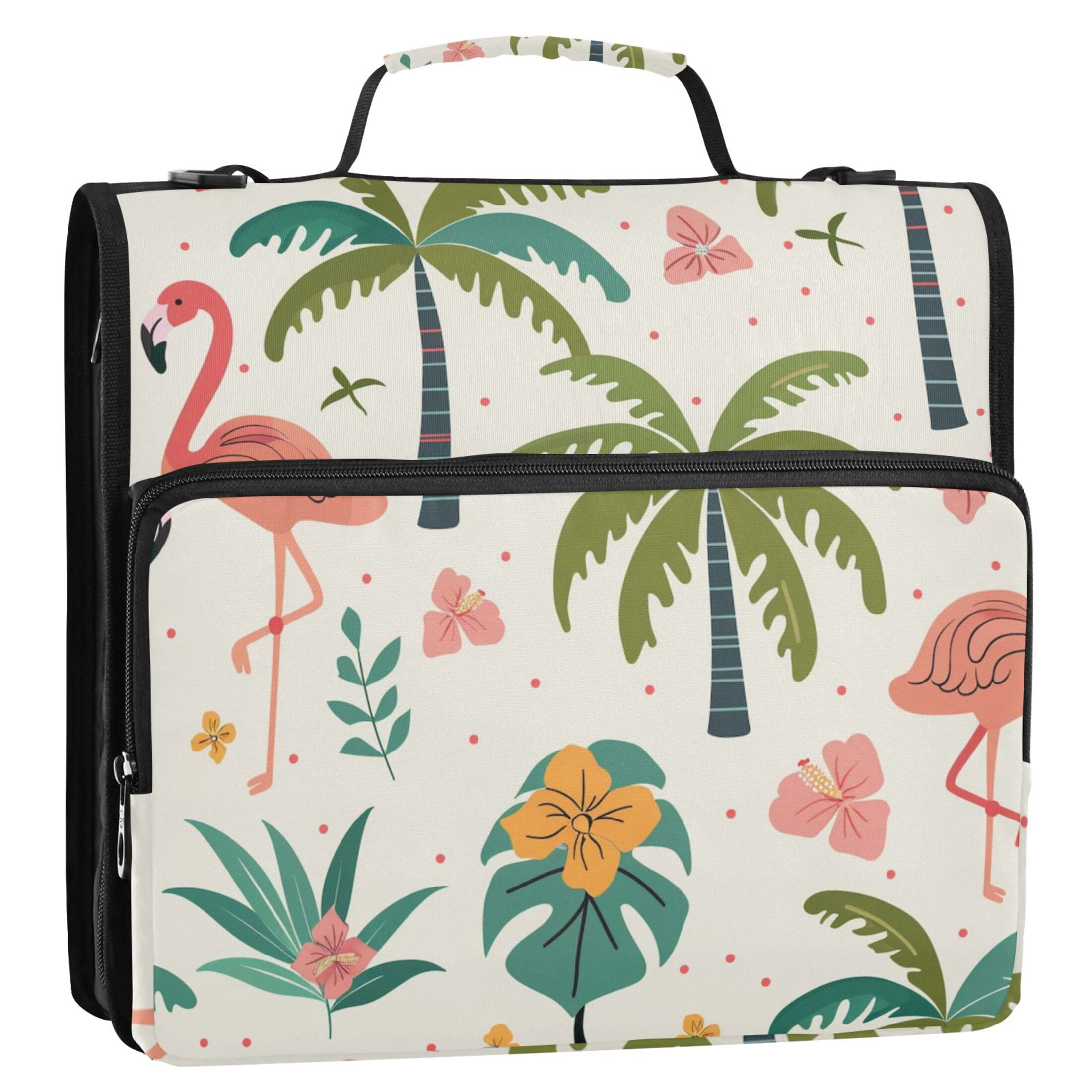 3 Ring Zipper Binder with Shoulder Strap Waterproof Trapper Keeper 2 Inch D-Ring 500 Sheets Capacity Cute Flamingo Palm Tree Flower