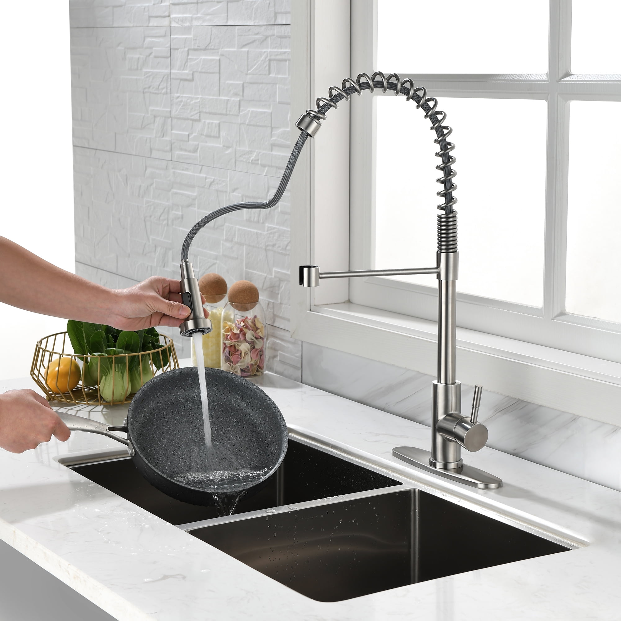 Spring Brushed Nickel Kitchen Faucet with Sprayer Pull Down, Comercial