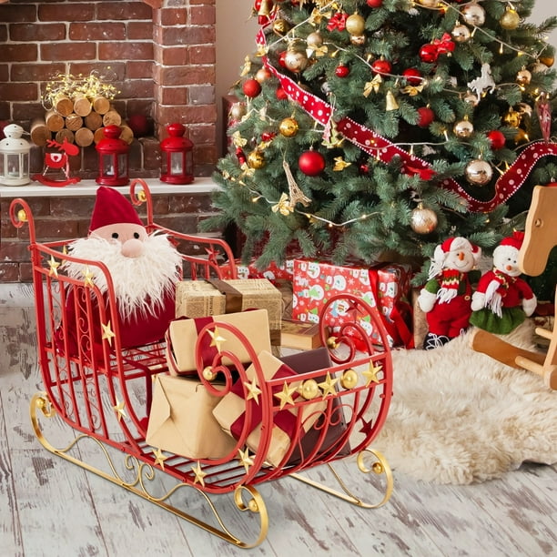 Trineo de Papá Noel de Metal para Regalos Decoración Festiva Navideña con Estrellas Doradas 99 x 36 x 61 cm Rojo Costway