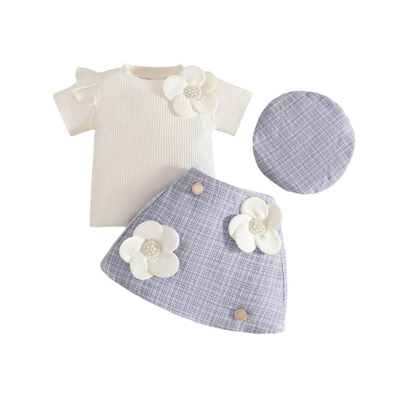 sususu Toddler Girls Outfits 2 piece Ribbed T-Shirt and Plaid Skirt Set with Ruffles Short Sleeve Top and Matching Hat Outfit,Purple,6-9 Months