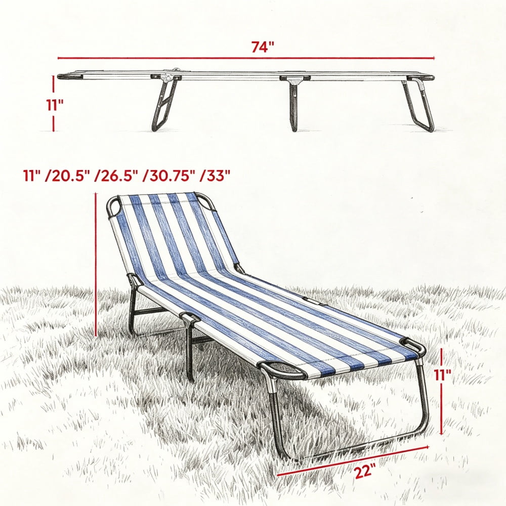 Outdoor Sun Lounger, Blue and White Foldable Tanning Chair with 5-Position Reclining Backrest, No Assembly Required, Water-Safe Steel Frame