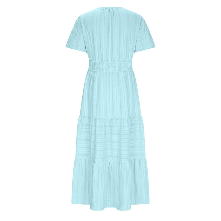 qucoqpe Womens Summer Long Maxi Dress V Neck Short Sleeve Elastic Waist  Tiered Ruffle Sun Dress Casual Loose Beach Boho Dress with Pockets