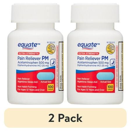 (2 pack) Equate Extra Strength PM Caplets: Acetaminophen 500mg/Diphenhydramine 25mg, 100 Count