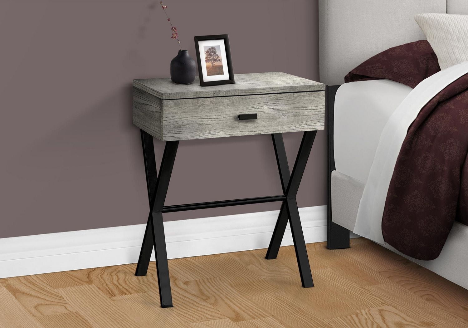 Monarch Specialties Table D'appoint, Côté, Bout, Table De Nuit, Lampe, Tiroir De Rangement, Salon, Chambre À Coucher, Métal, Stratifié, Gris, Noir, Contemporain, Moderne