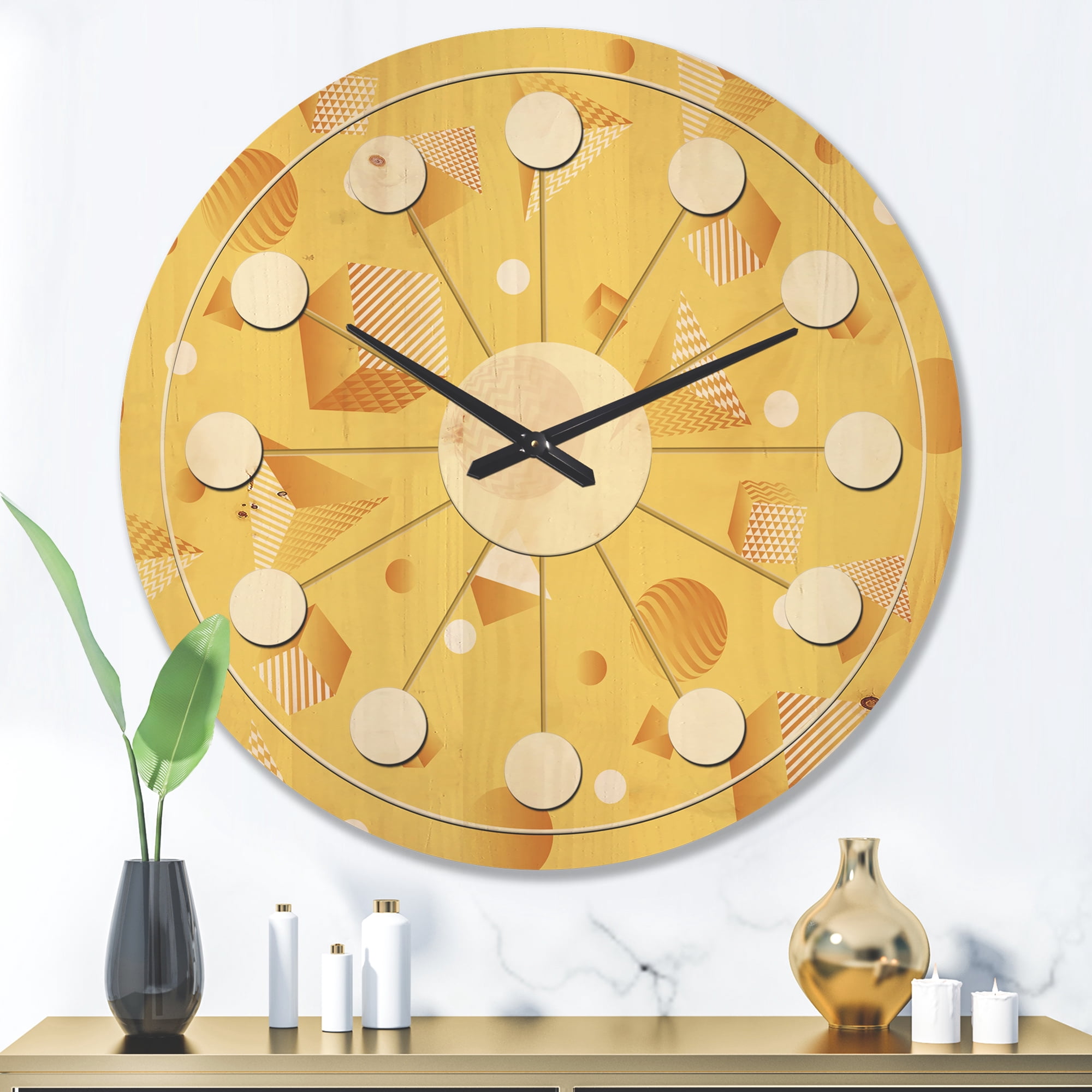 Designart 'Yellow Minimal Geometrical Shapes' Mid-Century Modern Wood Wall Clock