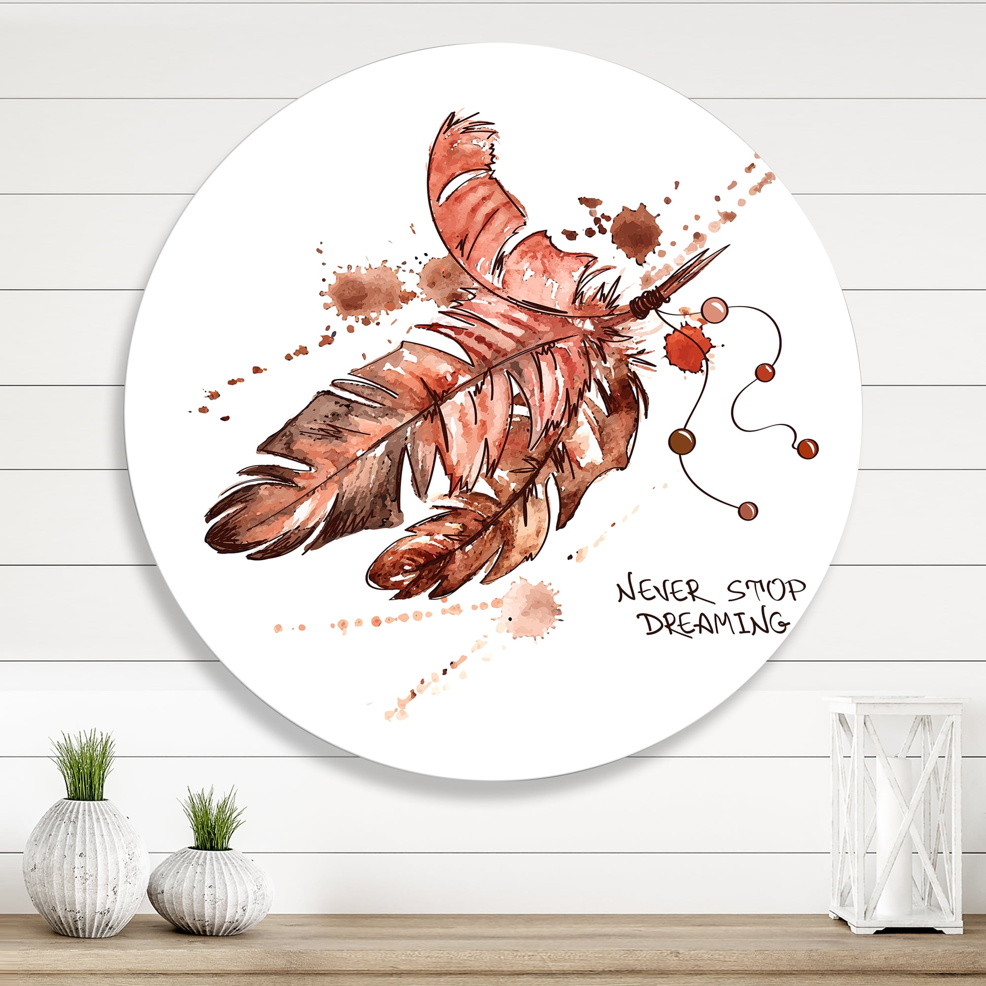 Designart 'Bird Feathers In Earth Tones Never Stop Dreaming' Bohemian & Eclectic Circle Metal Wall Art 23x23 - Disc of 23