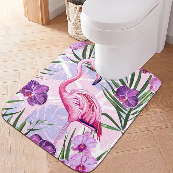 Toilet Rug U-Shaped Bathroom Rugs Non-Slip Soft Plush Machine Washable Contour Bath Mat Flamingo with Phalaenopsis 24x20