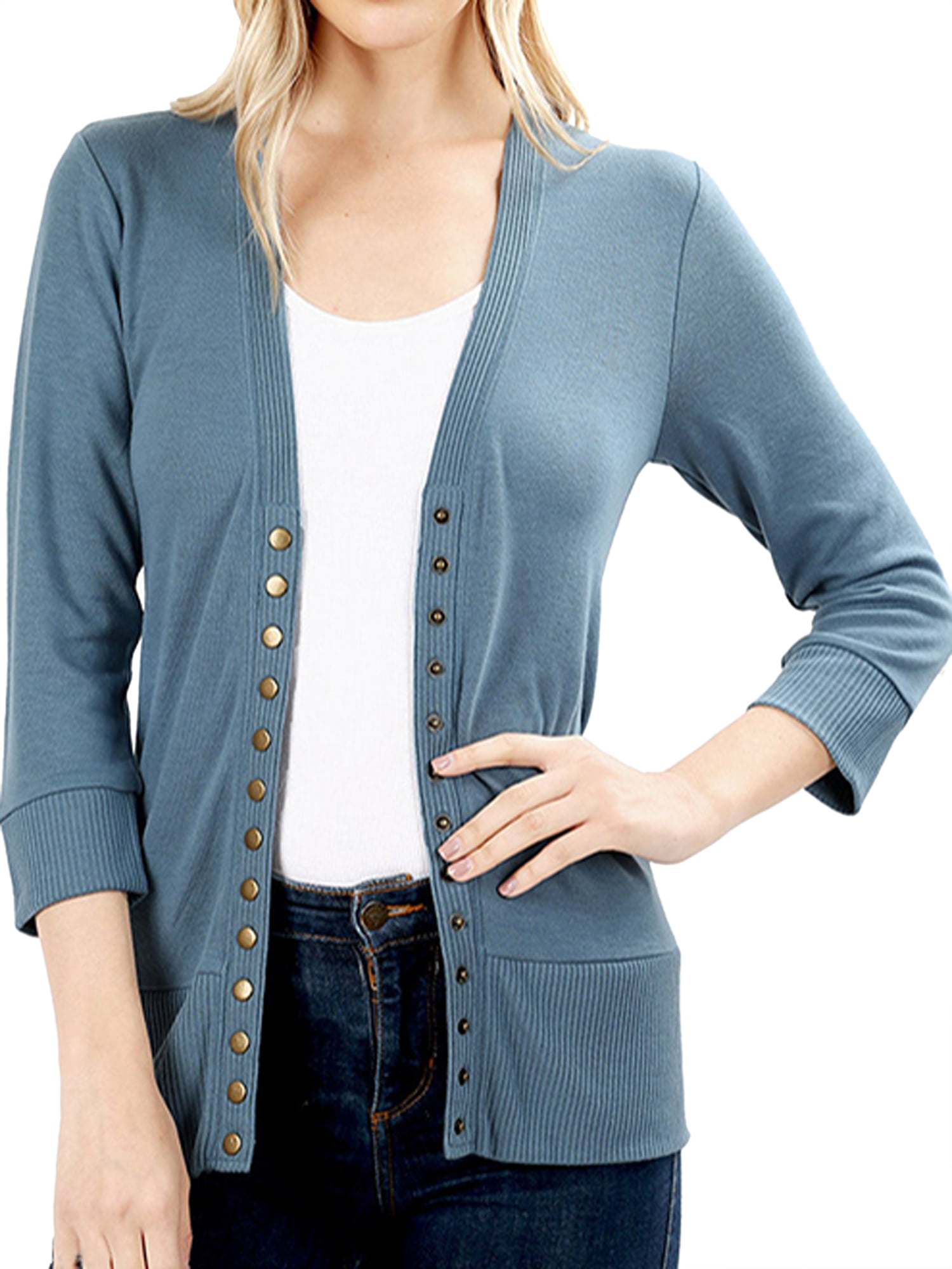 Hot Womens Classic Snap Button Front V-Neck 3/4 Sleeve Knit Cardigan Tops Blouse