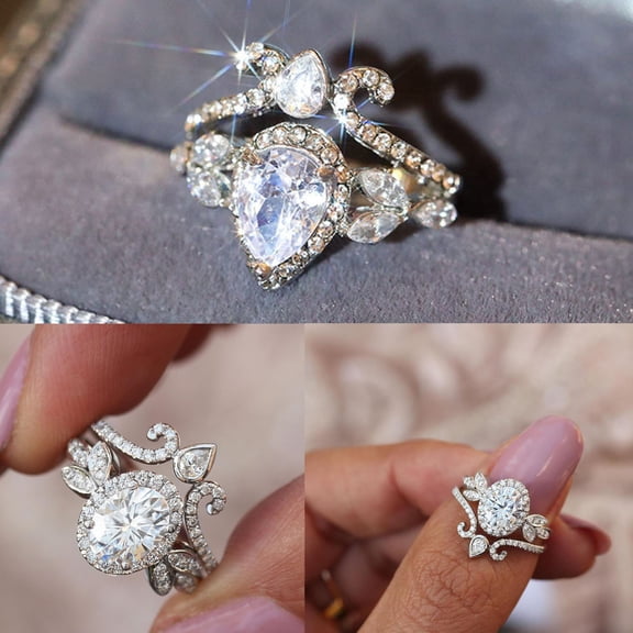 KDSJSXW Gold Rings for Women Silver Promise Rings Delicate Design 2Pcs Set Diamond Fashion Ring Light Luxury for Women Geometric Rhinestone Ring Set White Color Cubic Zirconia Bridal (Silver,6)