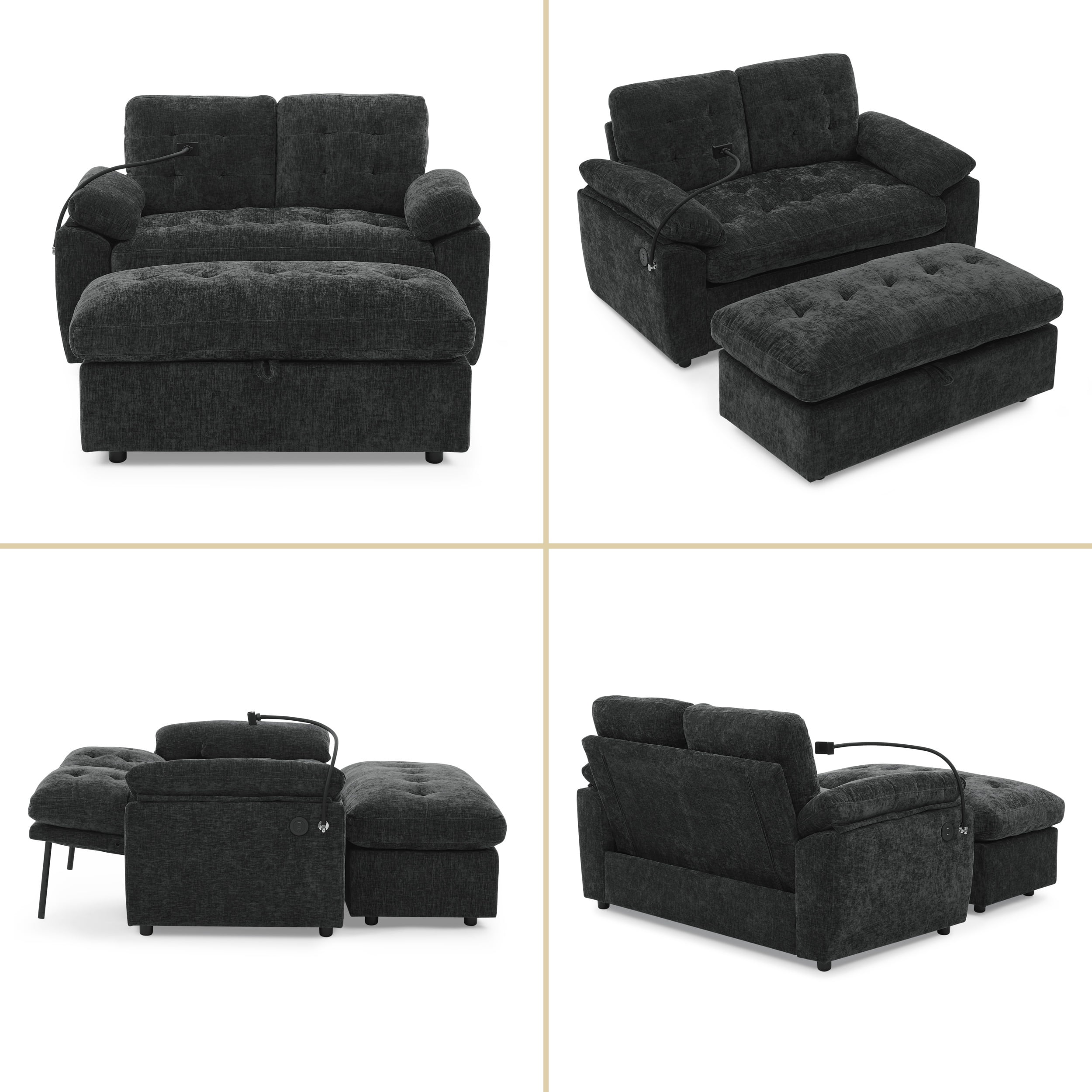 2PCS Double Leisure Sofa Chair w/ Storage Ottoman, Sofa Chaise Recliner w/ Adjustable Backrest, Padded Armchair Set w/ Phone Holder