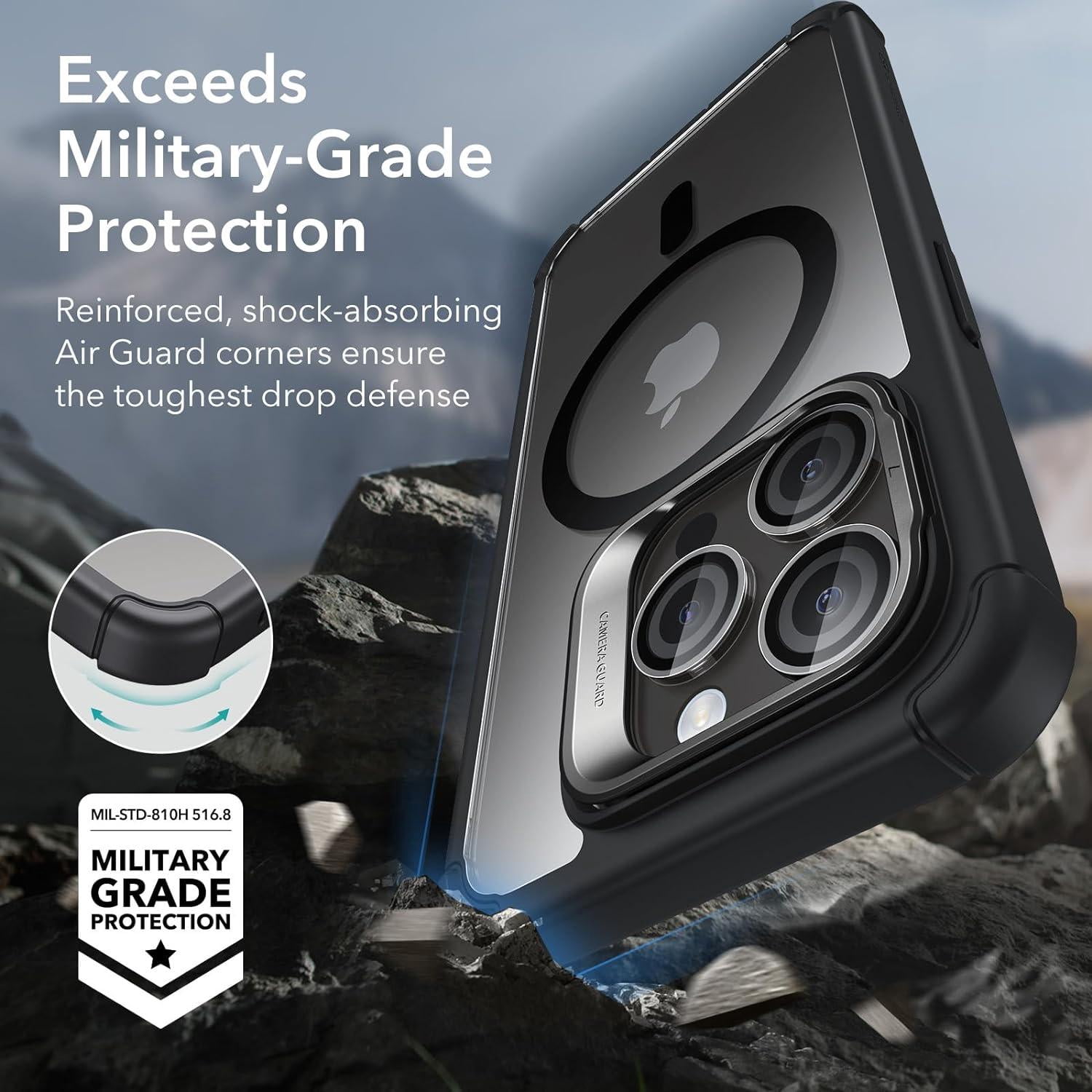 ESR iPhone 15 Pro Case with Stand MagSafe, Military-Grade Drop Proof with 9H+ Tempered Glass Screen Protector, Black