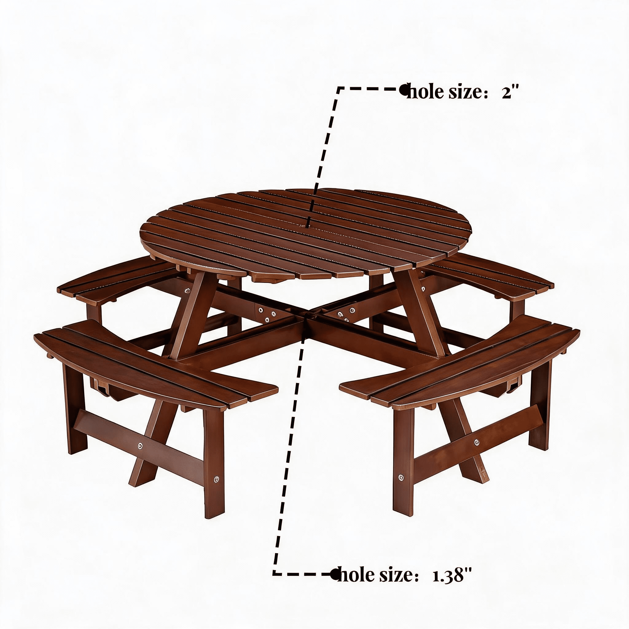 Brown 8‑Person Round Outdoor Picnic Table with 4 Built‑in Benches, Weather‑Resistant Waterproof Wooden Table Set with 2" Umbrella Hole for Garden Backyard Patio Porch