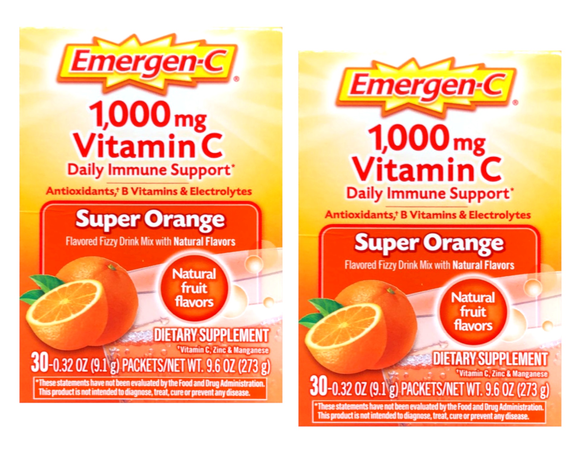 2 Pack - Emergen-C 1000Mg Vitamin C Powder for Immune Support Super Orange, 30 Count, 0.32 Oz Packets