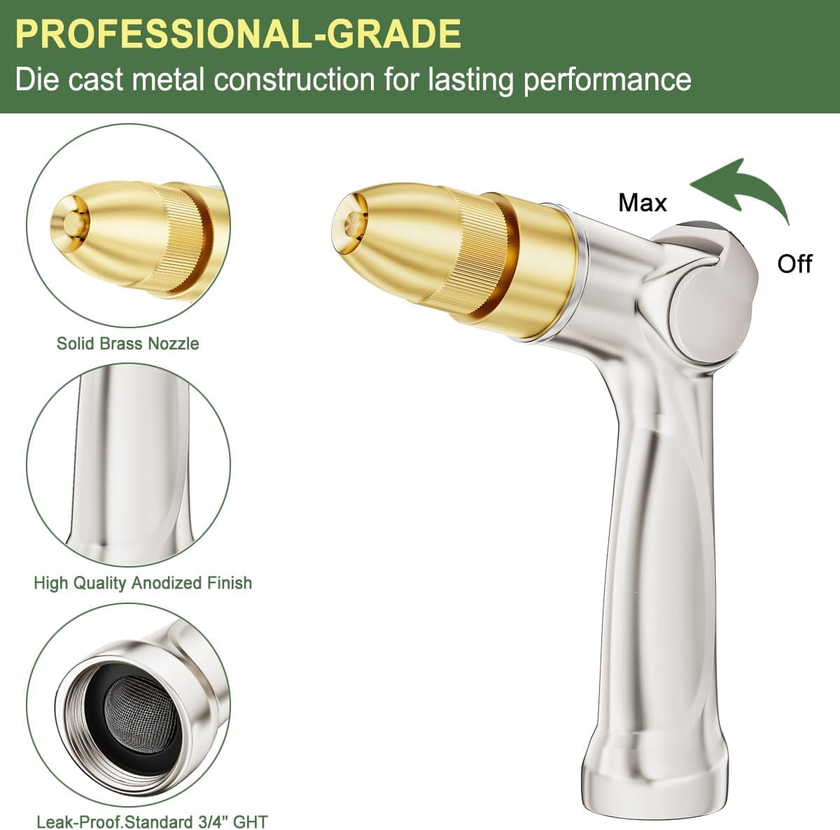 FANHAO Professional Heavy Duty Garden Hose Nozzle, Metal Thumb Control Watering Nozzle for Lawn