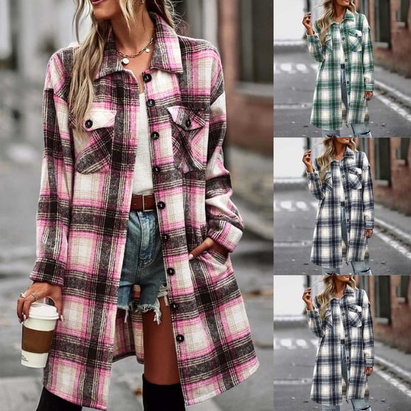 lcziwo Long Button Down Shirts for Women Long Sleeve Lapel Shacket Jacket Fashion Plaid Casual Coat with Pockets Black XXL, Gifts for Girls
