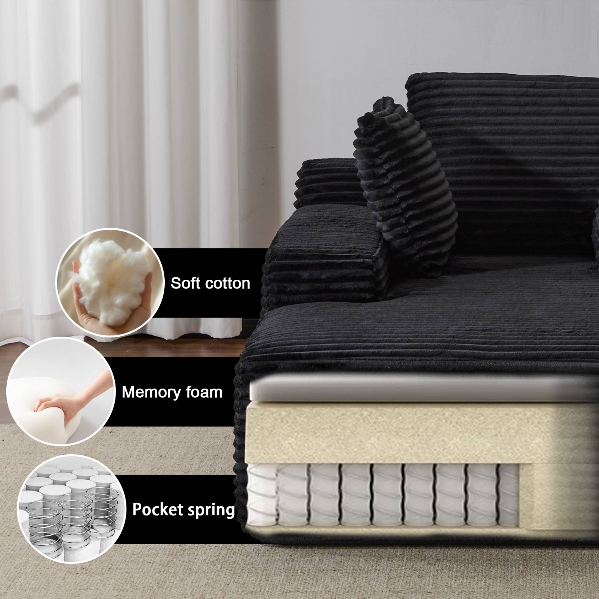 Oversized Chaise Lounge Sofa Chair, Comfy Cloud Sofa Bed, Sleeper Couch with Throw Pillows or Living Room, Black