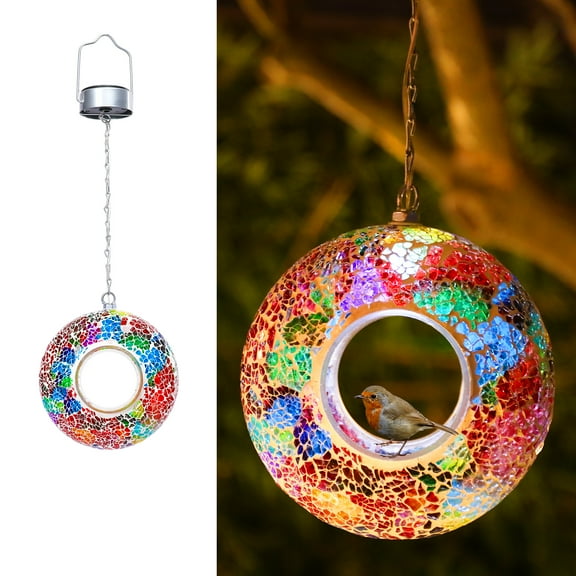 Solar Mosaic Fly Through Bird Feeder Outdoor Garden Light LED Patio Round Glass with Mosaic Design Hanging Fly-Through Bird Feeder - 9" - Red