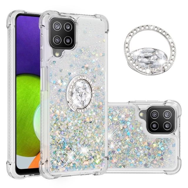 Funda para Samsung Galaxy A22 4G con Brillo Líquido Flotante, Purpurina, Parachoques y Anillo Giratorio Soporte