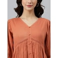 thumbnail image 7 of Janasya Boho V-Neck 3/4 Sleeve Solid Coral Orange Cotton Flared Midi Dress For Women, 7 of 7