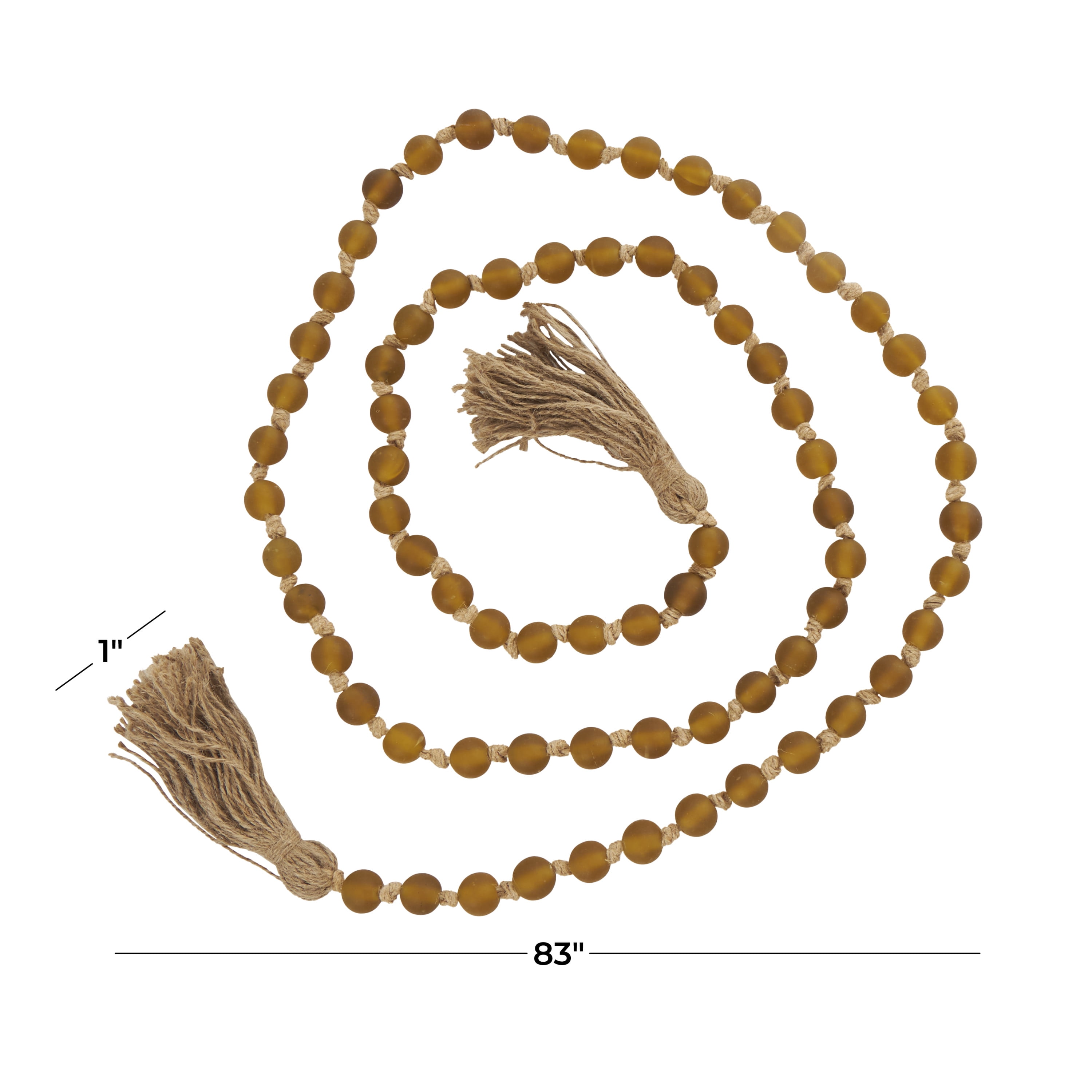 DecMode Handmade Round Long Frosted Beaded Yellow Glass Garland with Tassel with Knotted Brown Jute