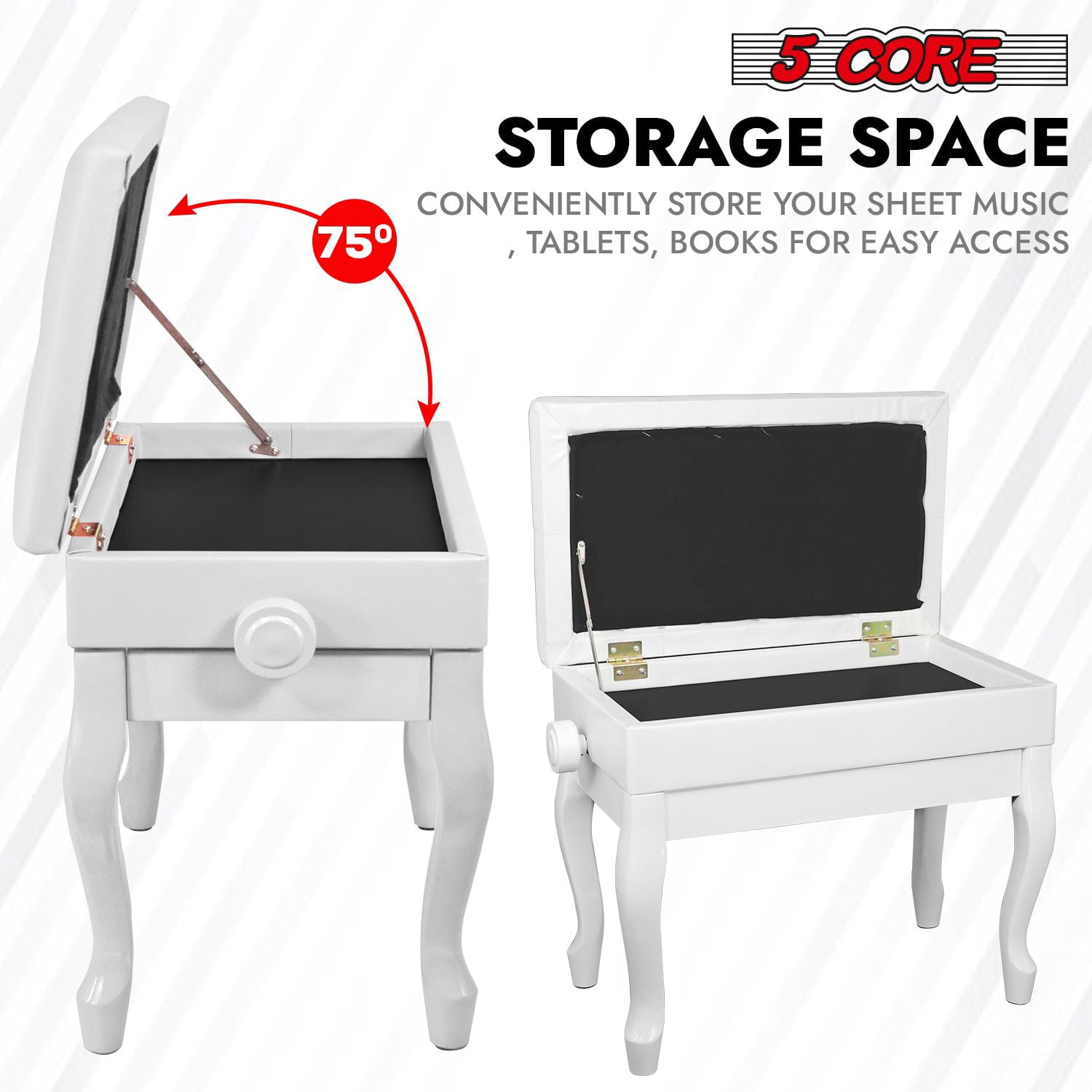 Piano Bench Wooden Height Adjustable Stool Heavy Duty Keyboard Seat with Storage - PNB WD HD WH