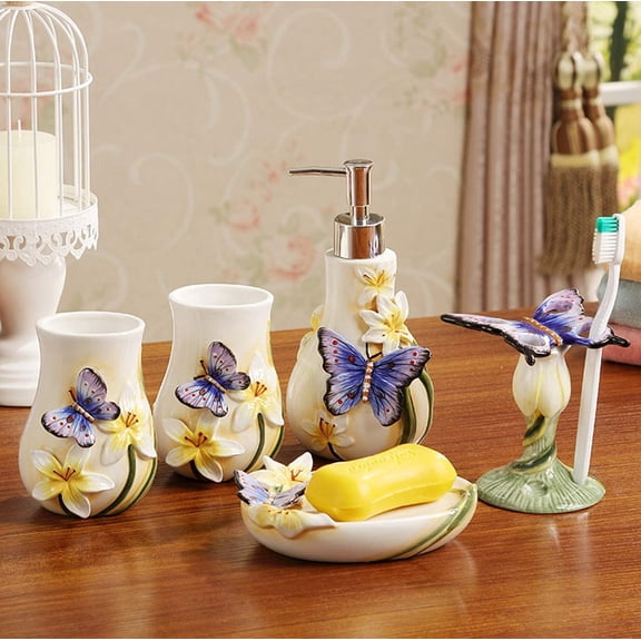 5-Piece Dancing Butterfly Ceramic Bathroom Set - Soap Dispenser, Toothbrush Holder, 2 Tumblers & Soap Dish