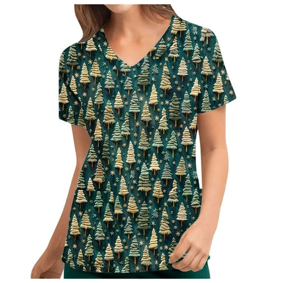 Xfvqtps Christmas Scrub Tops for Women Soft V-Neck Scrubs Comfortable Lightweight Nursing Uniforms Christmas Printed Short Sleeve Protective Top Working Uniforms with Pockets Multicolor