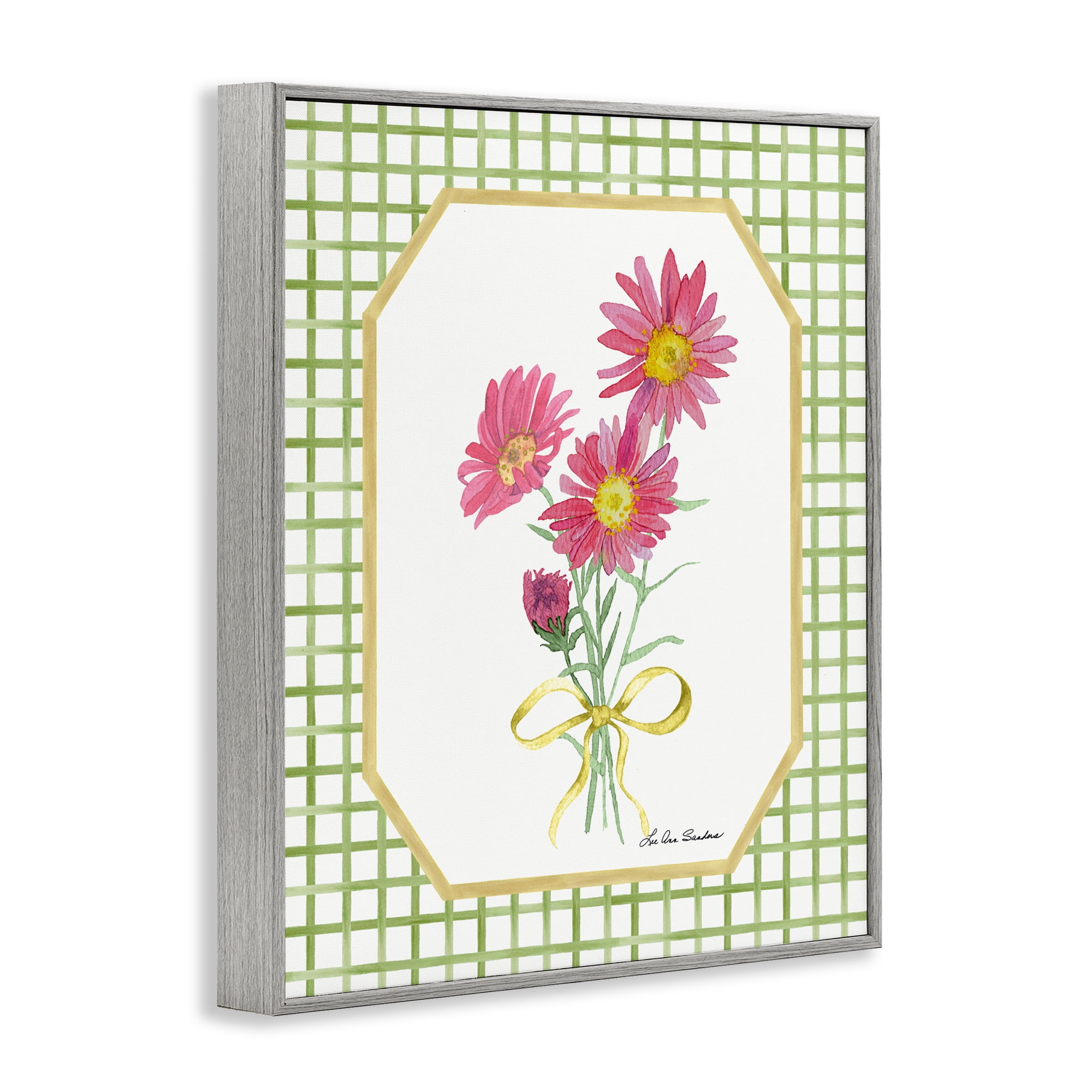 Botanical Story on Gingham Gray Framed Giclee Art, design by Lee Ann Sanders