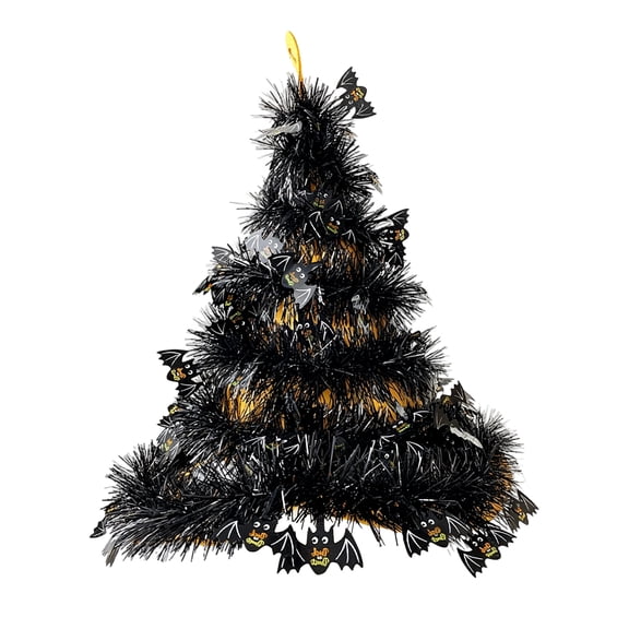 Halloween Pop Up Tinsel Christmas Tree with Bat Decorations 1 Piece Black Tinsel Foldable Halloween Themed Decor for Indoor Home Party Haunted House Holiday Decor