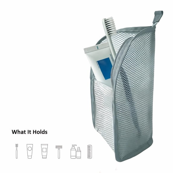 Mesh Standing Toiletry Bag, Portable Hanging Travel Organizer, Lightweight Makeup Brush & Toothbrush Holder for Bathroom, Hotel, Camping