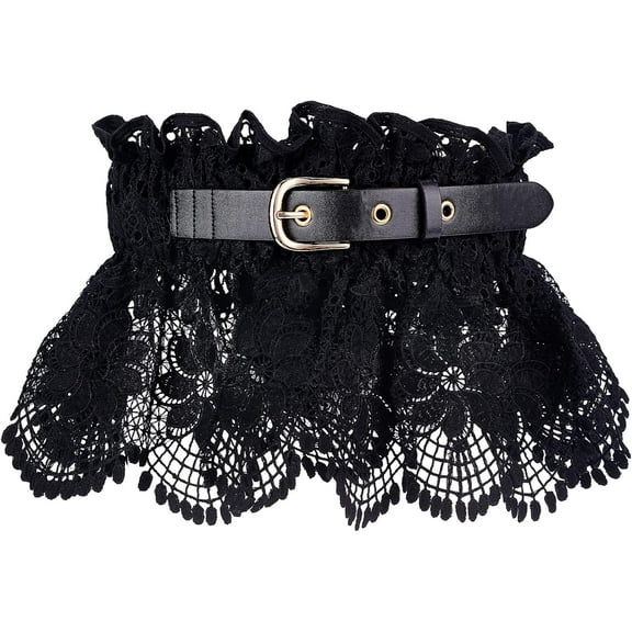 Elastic Black Lace Wide Waistband Hollow Out Embroidered Lace Wrap Around Waist Belts with Adjustable Decoration Buckle Leather Belt for Women Dresses Daily Wear Clothing Accessories
