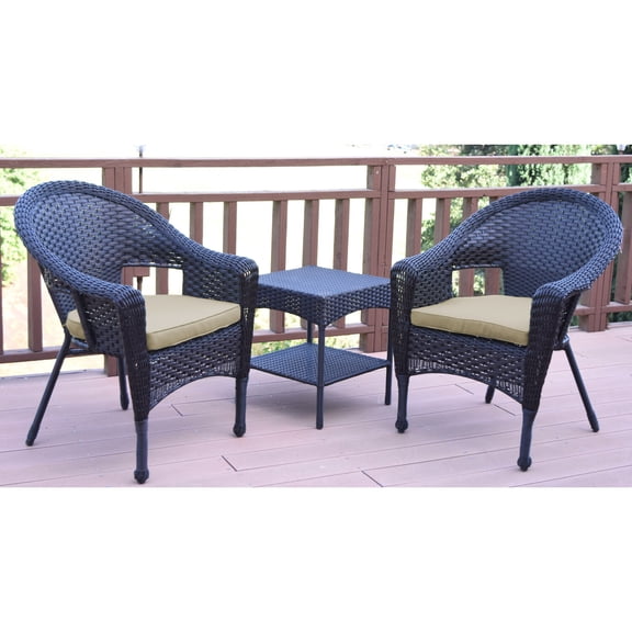 Jeco Set of 3 Espresso Resin Wicker Clark Single Chair with 2 inch Tan Cushion and End Table