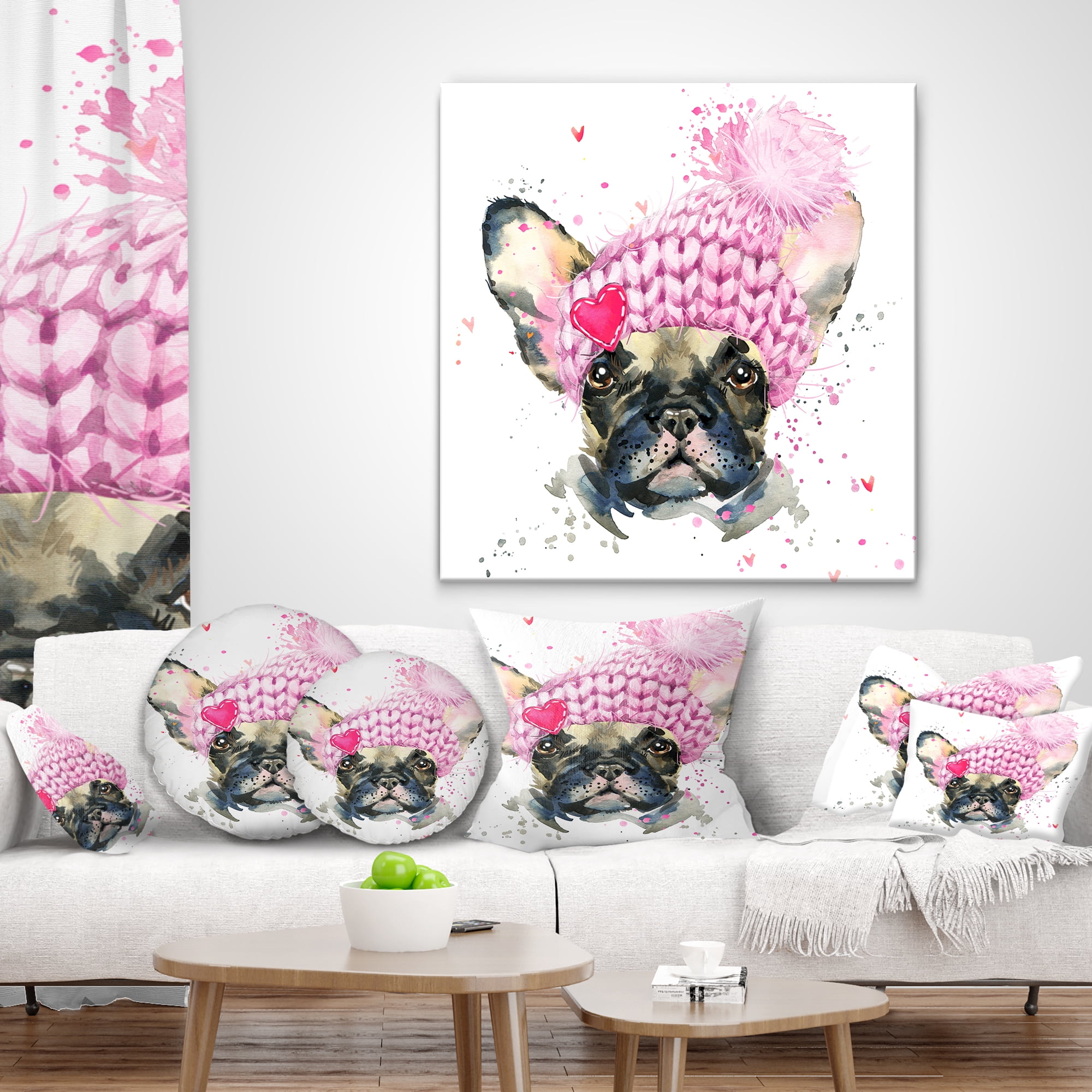 Designart French Bulldog with Pink Hat - Contemporary Animal Throw Pillow - 18x18