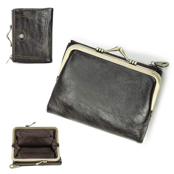 Contact's Womens Kiss Lock Wallet, Leather Small Zipper Coin Pocket for Womens, Vintage Bifold Rfid Purse Card Holder with Photo Window,Coffee