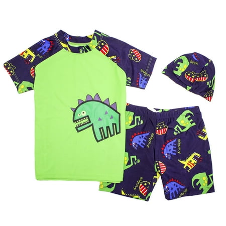 Kids Boy Cartoon Dinosaur Shark Rashguard Top & Swim Shorts with Hat 3 pcs Set (Green Dinosaur/Green 3XL/11-13 Years)
