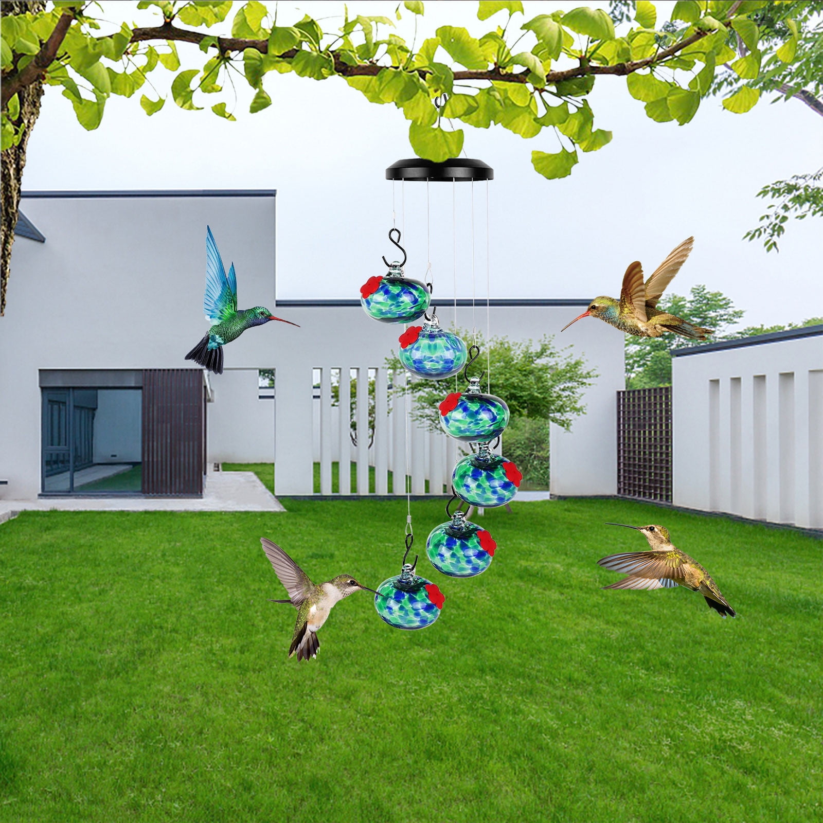 BRELIL 3Pcs Hummingbird Feeders Wind Chimes, Durable Glass Bird Feeder for Outdoors, Decorative Garden Patio Yard Decor with Multiple Feeding Stations, Gift for Mother Day Spring Summer Bird Watching